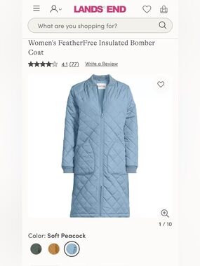 Lands' End Soft Peacock Quilted Soft Peacock Blue Insulated Bomber Coat